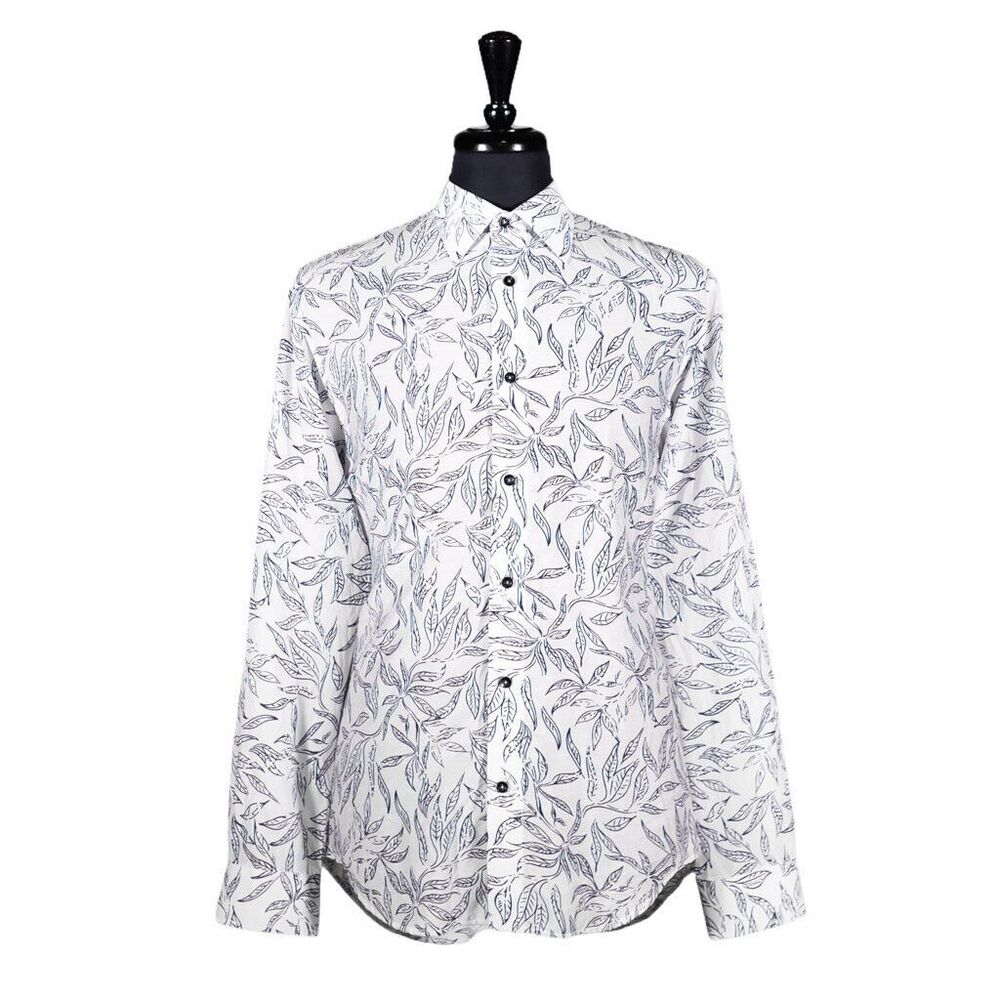 Mens Shirt Button Up White Blue Floral Summer Tropical Hawaiian Beach Large
